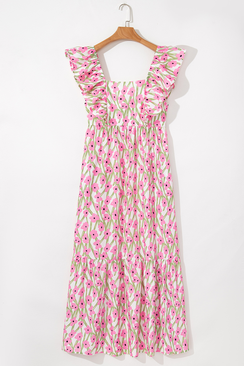 Pink Floral Print Square Neck Ruffled Strap Maxi Dress - Image 8