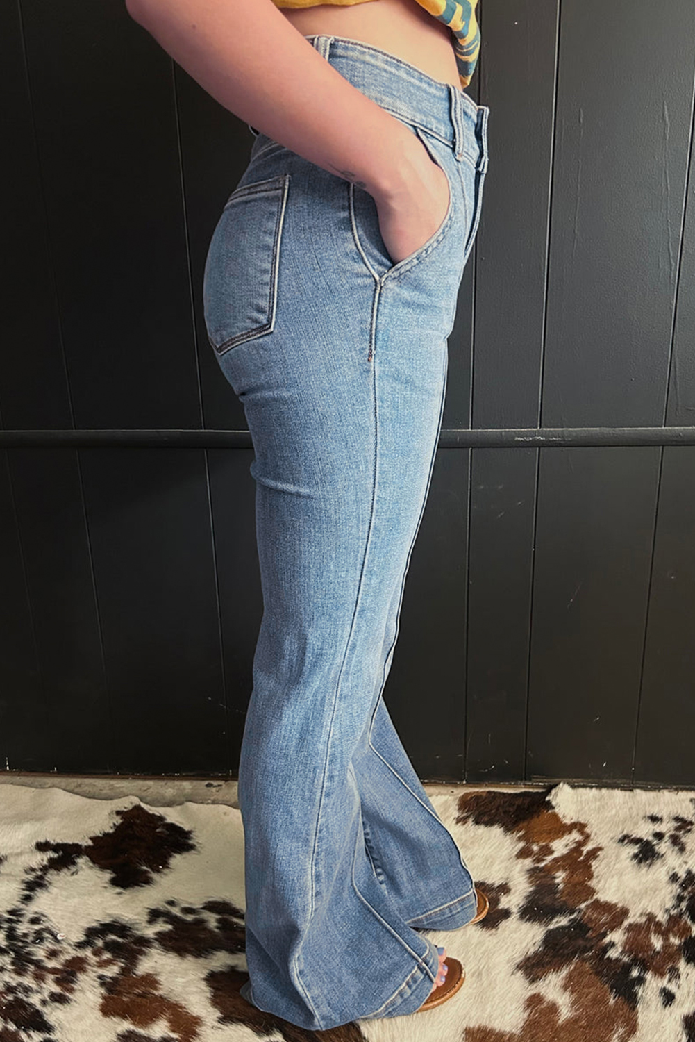 Dusk Blue 2 Button High Waist Piping Trim Bootcut Jeans - Image 3