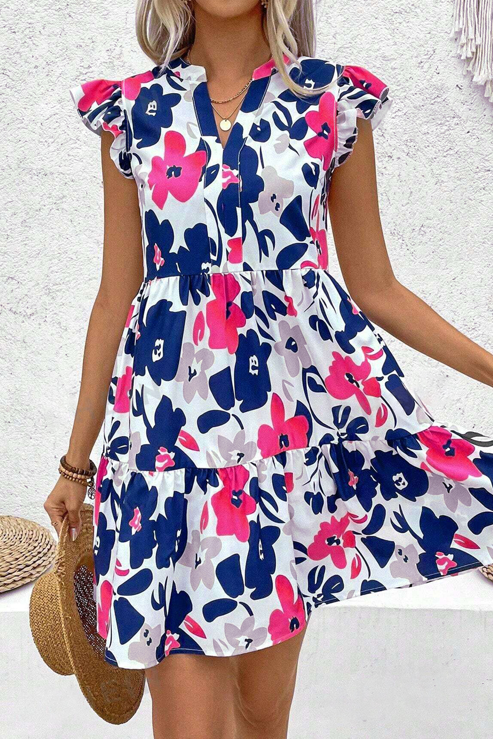Fashion Floral Print Notched Neck Flutter Sleeve Mini Dress - Image 4