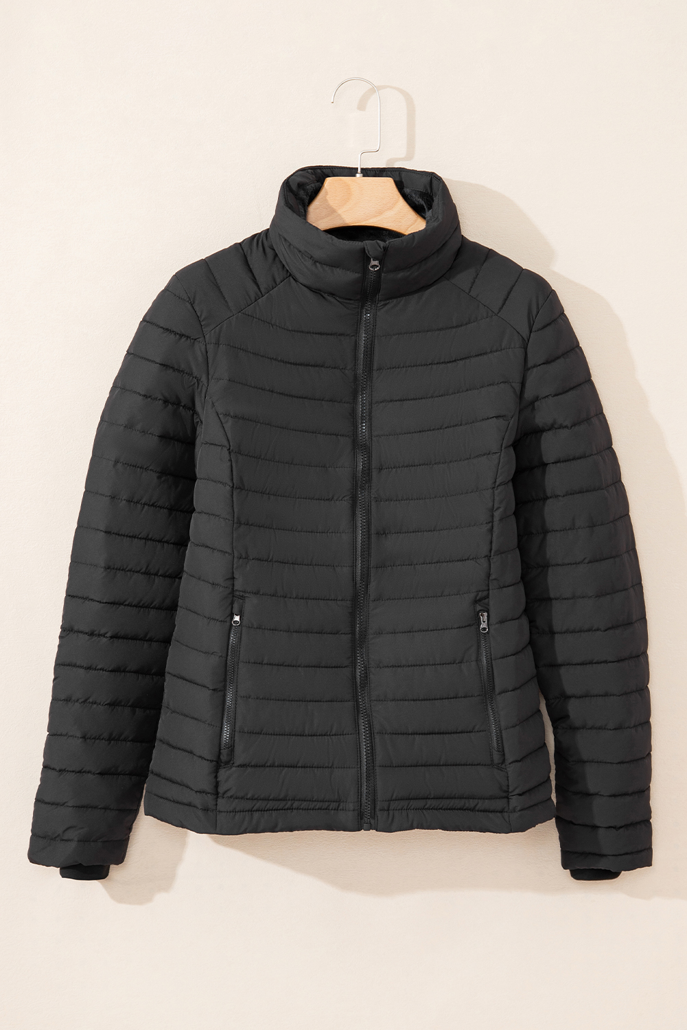 Black Solid Color Quilted Zip-up Puffer Jacket - Image 4