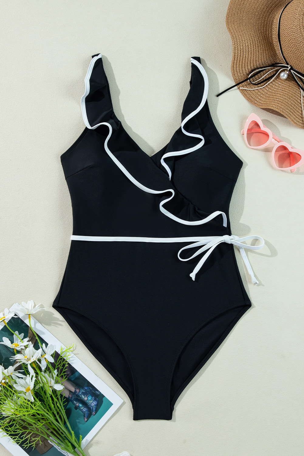 Black Color Contrast Ruffled Wrap V Neck Swimsuit - Image 7
