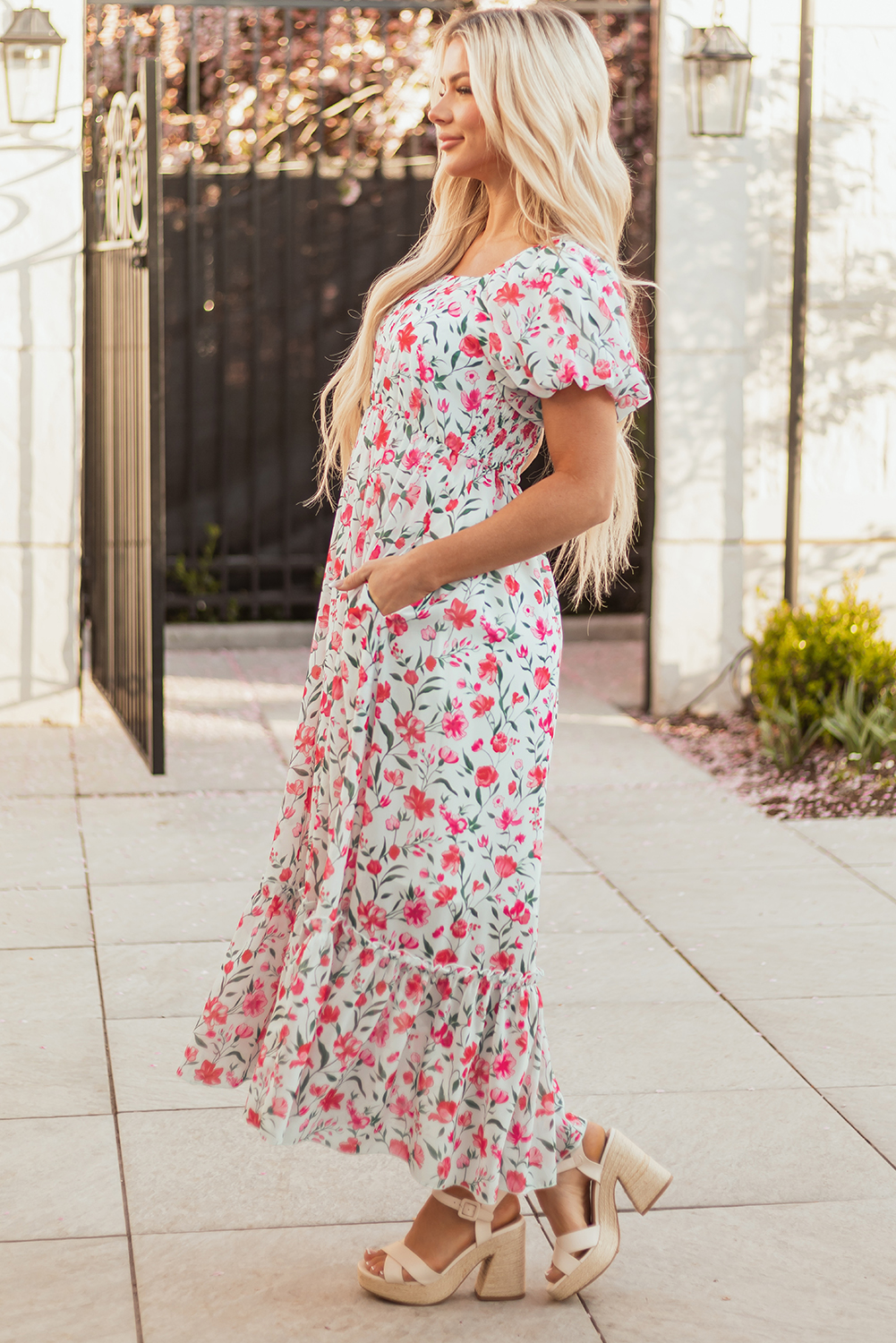 Pink Floral Puff Sleeve Square Neck Empire Waist Tiered Maxi Dress - Image 3