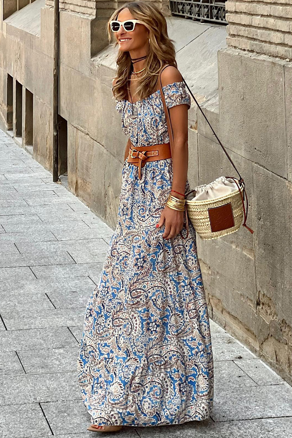 Blue Boho Paisley Print Off Shoulder Maxi Dress - Image 2