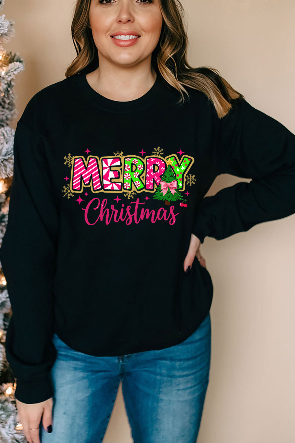 Black MERRY Christmas Playful Letter Print Drop Shoulder Sweatshirt - Image 4