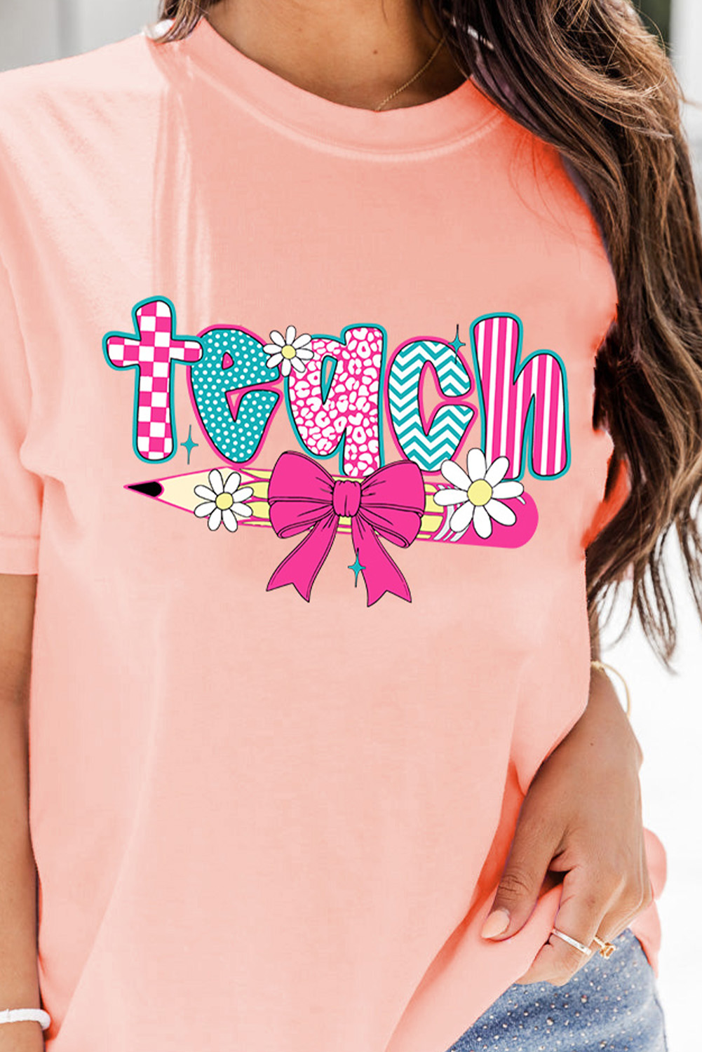 Pink Preppy Retro Checkered Coquette Teach Graphic T-Shirt - Image 3