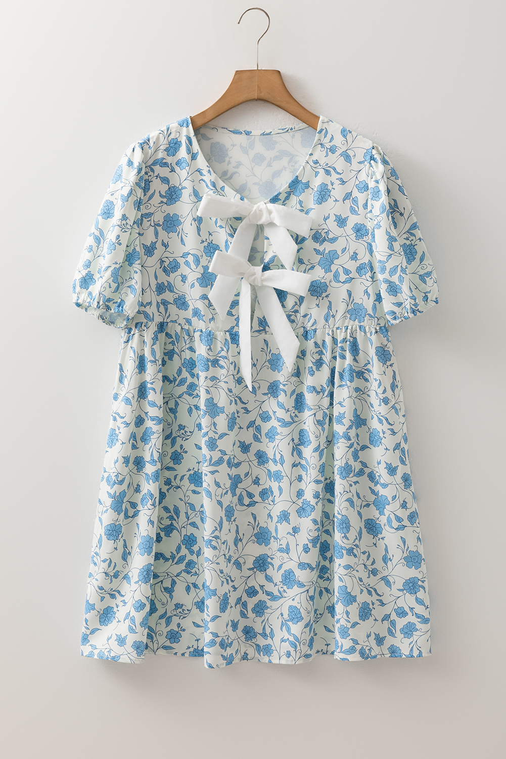 Sky Blue Floral Contrast Bow Puff Sleeve Mini Dress - Image 3