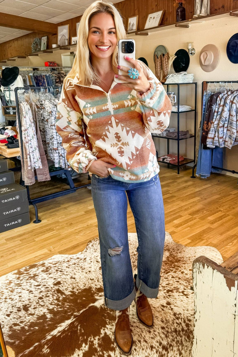 Khaki Quarter Zip Elastic Cuffs Aztec Sweatshirt - Image 2