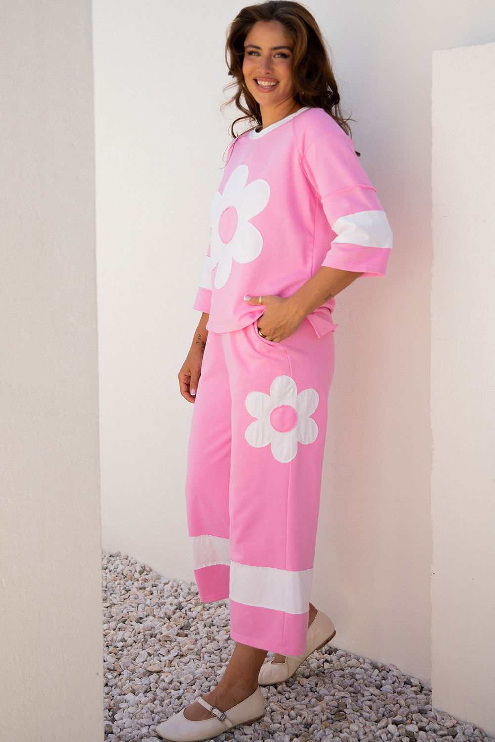 Orchid Bouquet Big Flower Patched Raw Seam Color Block 2 Piece Loose Pant Set - Image 3