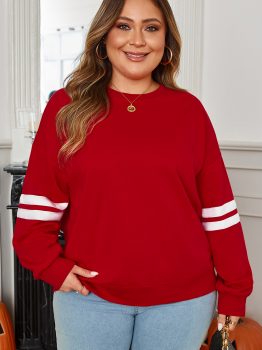 Fiery Red Varsity Striped Detail Crew Neck Plus Sweatshirt