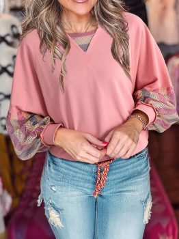 Blossom Striped Mesh Sleeve Patchwork Exposed Seam Casual Pullover Top