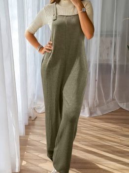 Laurel Green Solid Color Knit Loose Straight Leg Casual Overall Jumpsuit