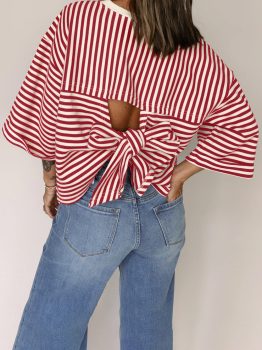 Red Stripe Bowknot Cutout Back Drop Shoulder Wide Bracelet Sleeve Loose Tee