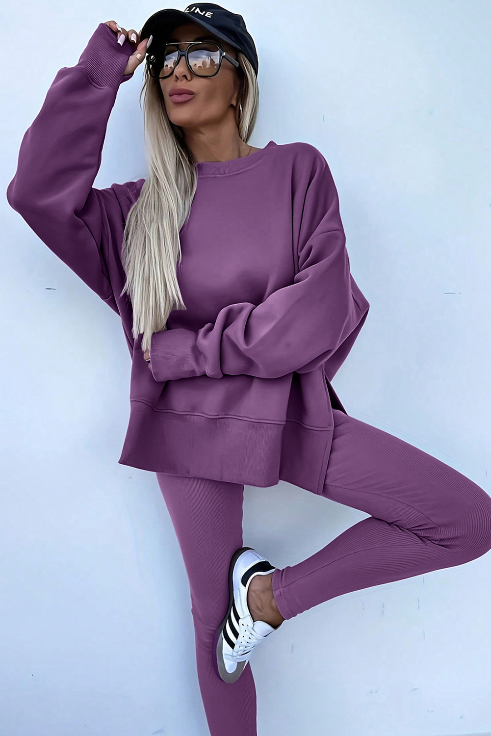 Orchid Mist Solid Color Oversize Slit Sweatshirt Ribbed Leggings 2pcs Set - Image 5