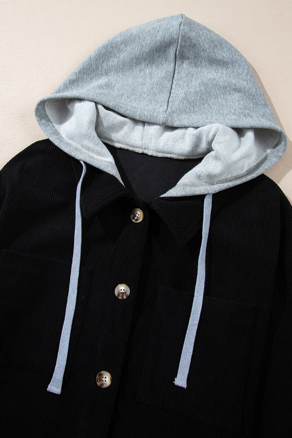 Black Hooded Drawstring Pockets Corduroy Shacket - Image 6