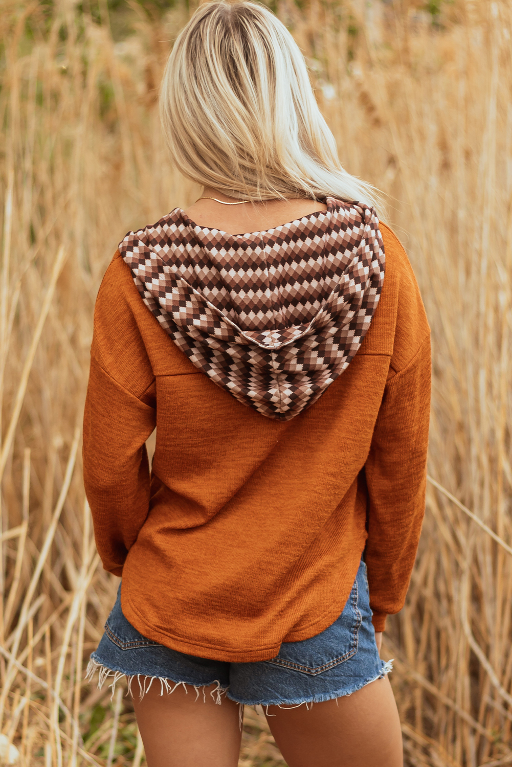 Straw Yellow Contrast Plaid Hood Patchwork Chest Pocket Henley Top - Image 2