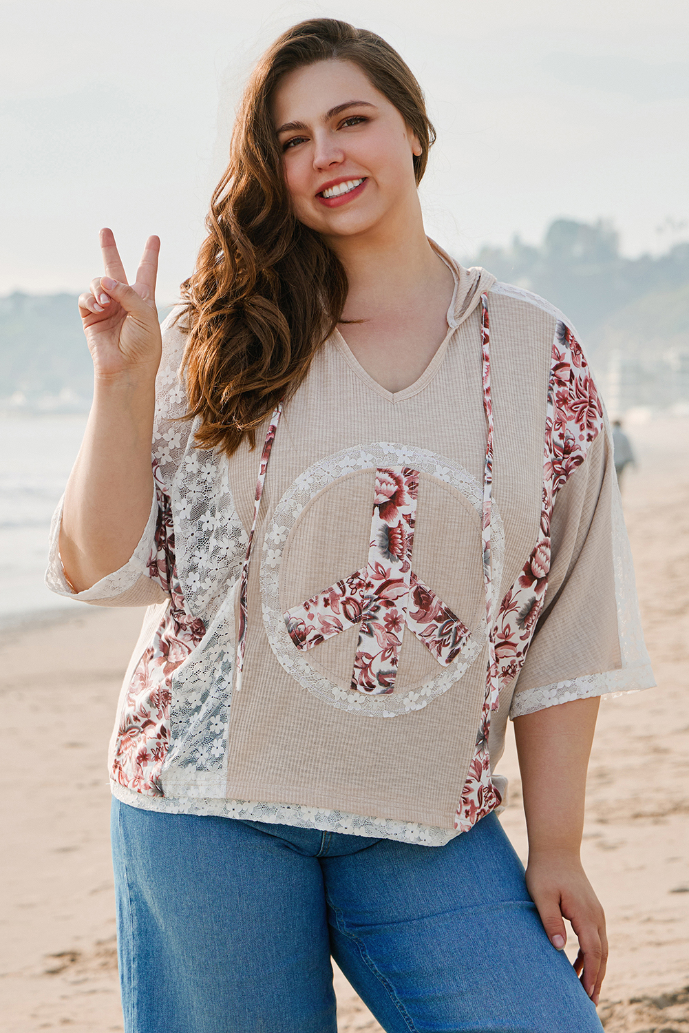 Khaki V Neck Floral Peace Sign Graphic Lace Patch Ribbed Plus Size Hooded Top - Image 5