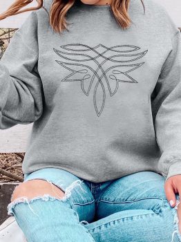 Gray Western Pattern Embroidered Drop Shoulder Pullover Top