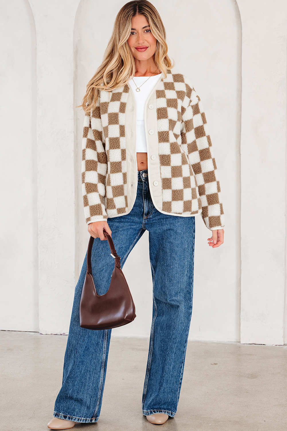 Brown Checkered Sherpa Buttoned Front Chunky Jacket - Image 7