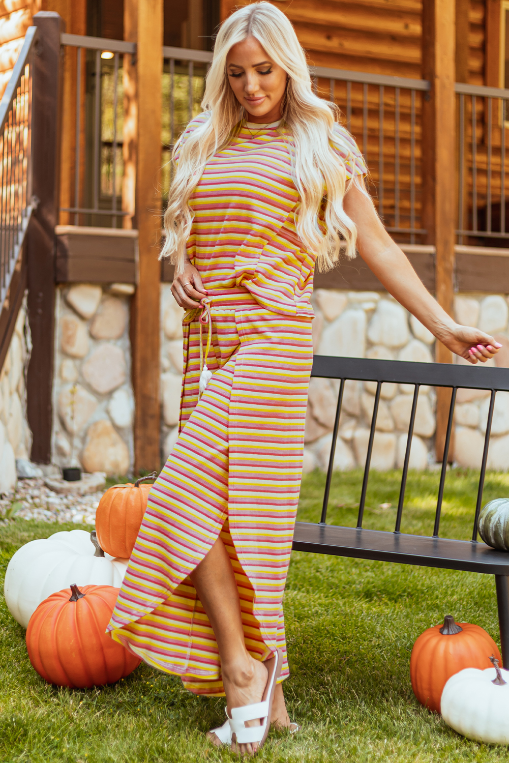 Yellow Stripe Rainbow Tee Tasseled String Wide Leg Pants Set - Image 3