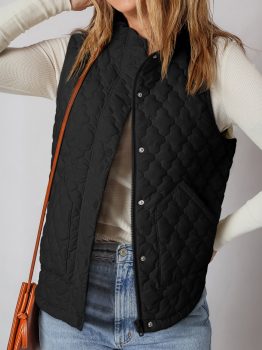 Black Flower Shape Quilted Snap Button Zip Up Winter Vest