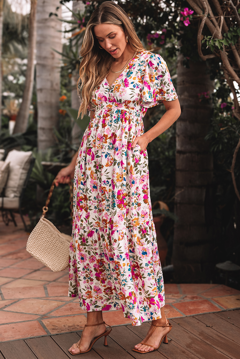 Red Floral Short Sleeve V Neck High Waist Maxi Dress - Image 4