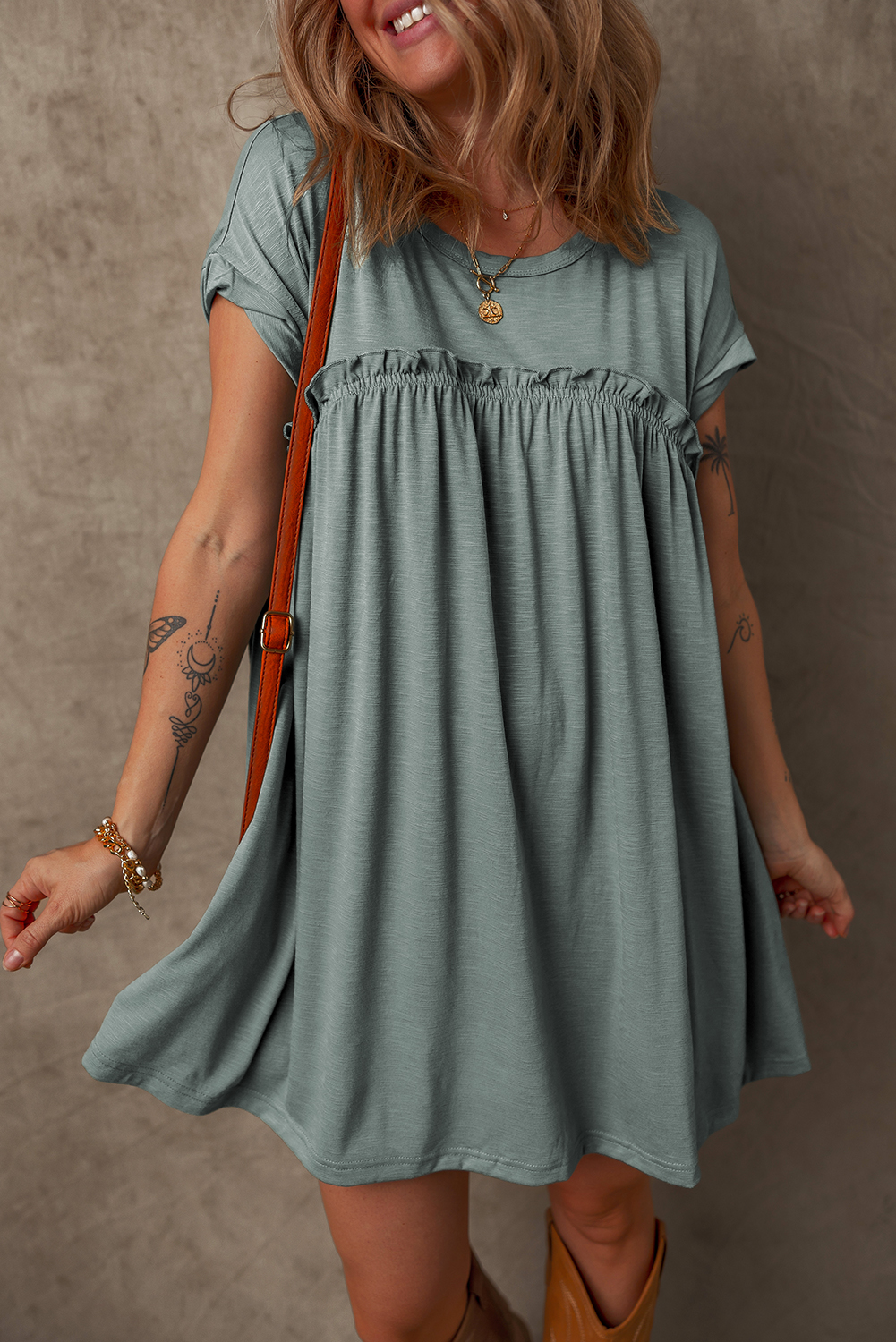 Mist Green Frilled Gathered Seam Round Neck T Shirt Dress - Image 3