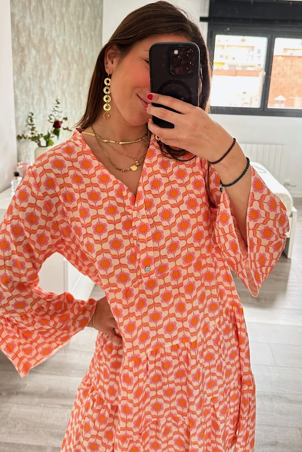 Orange Floral Print Flounce Sleeve Buttoned Front Mini Dress - Image 2