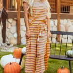 Yellow Stripe Rainbow Tee Tasseled String Wide Leg Pants Set