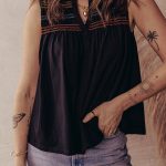 Black Colorful Shirred Yoke Notched V Neck Tank Top