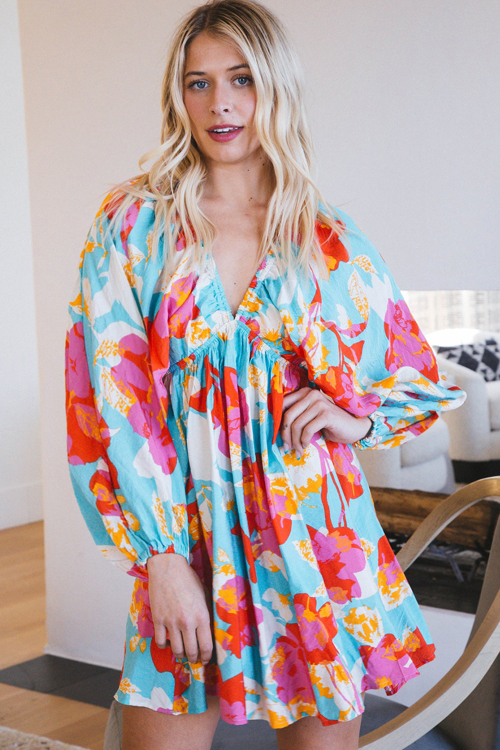 Sky Blue Floral Bracelet Sleeve Empire Waist Mini Dress - Image 3