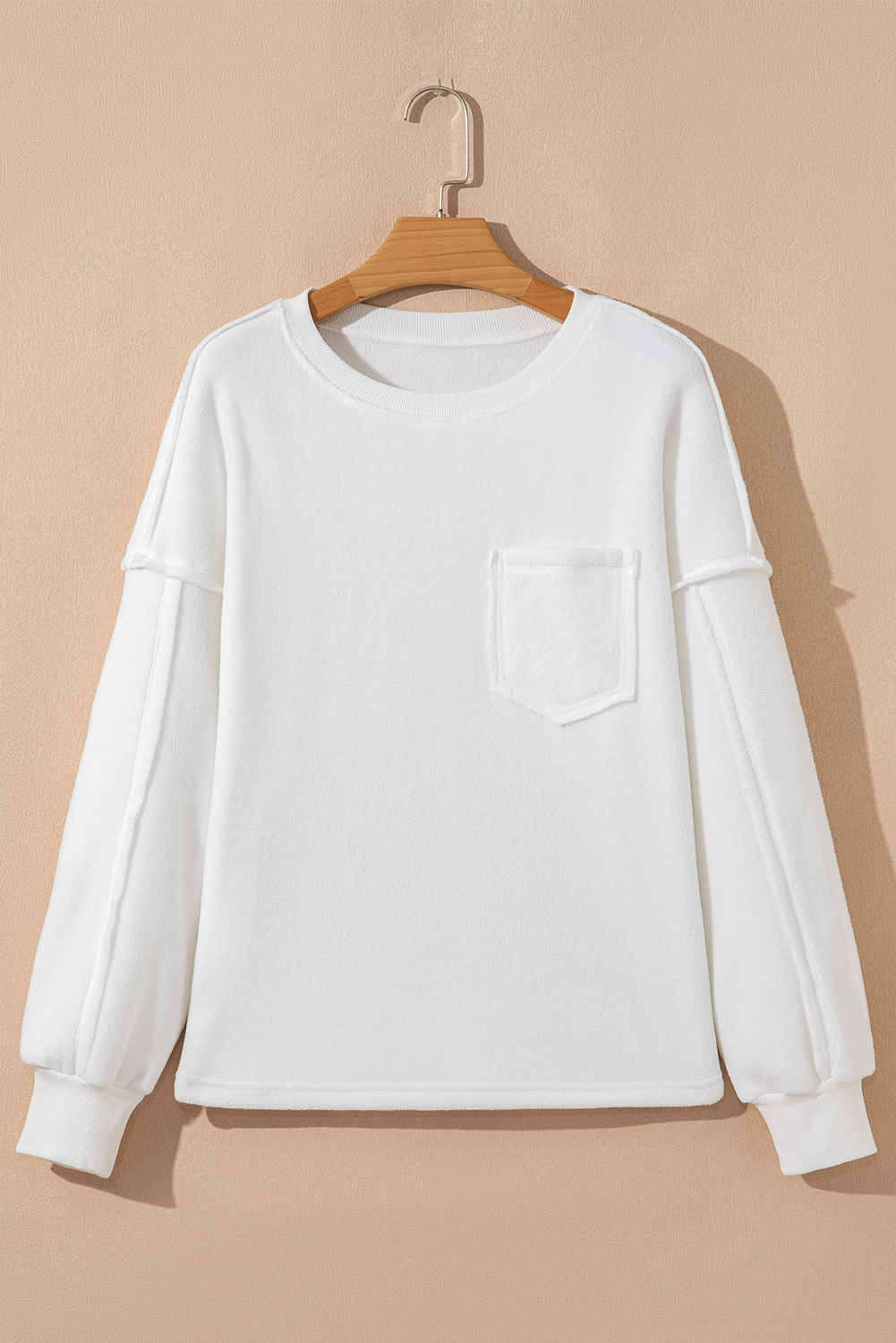 White Exposed Seam Chest Pocket Knit Pullover Sweatshirt - Image 5