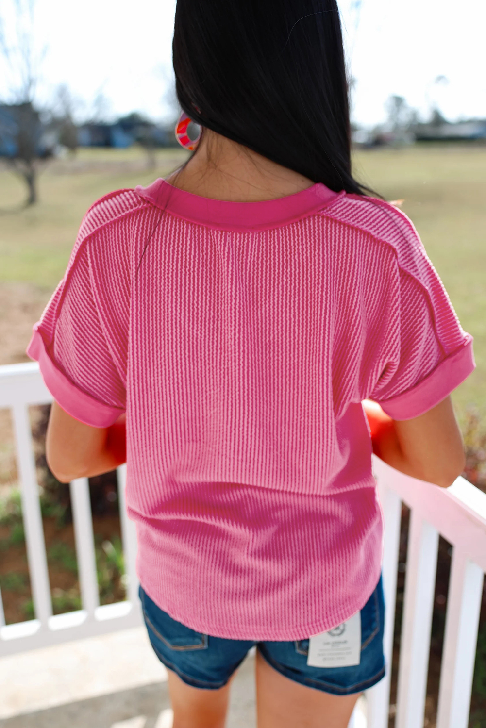 Rose Red Twisted Ribbed Knit V Neck Casual Tee - Image 2