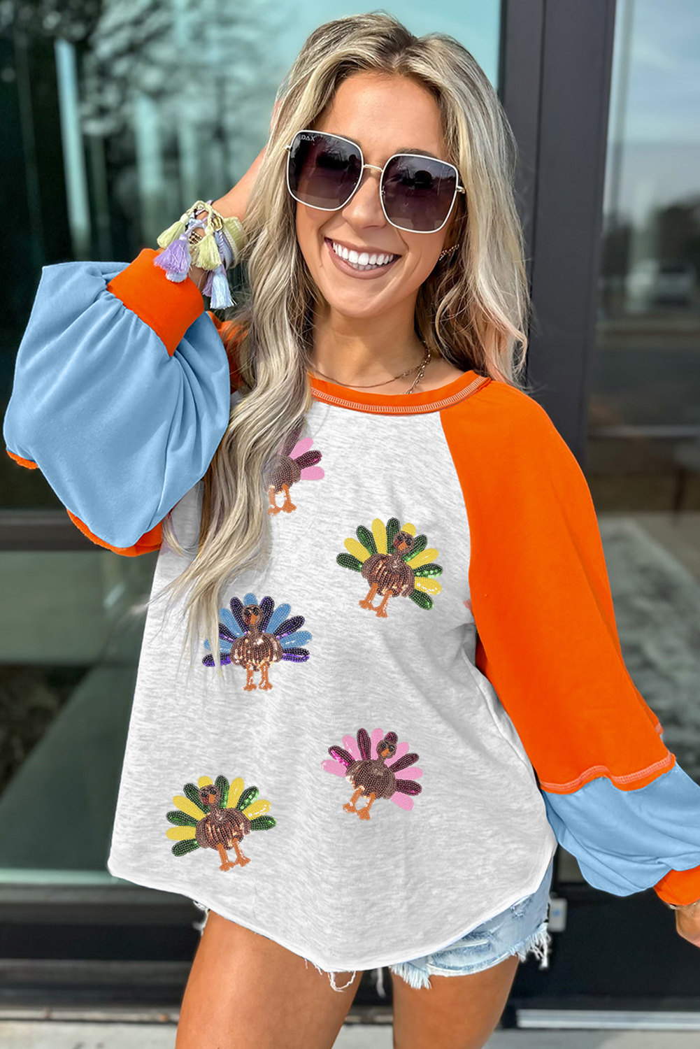 Light Grey Thanksgiving Turkey Sequin Graphic Color Block Long Raglan Sleeve Top - Image 3