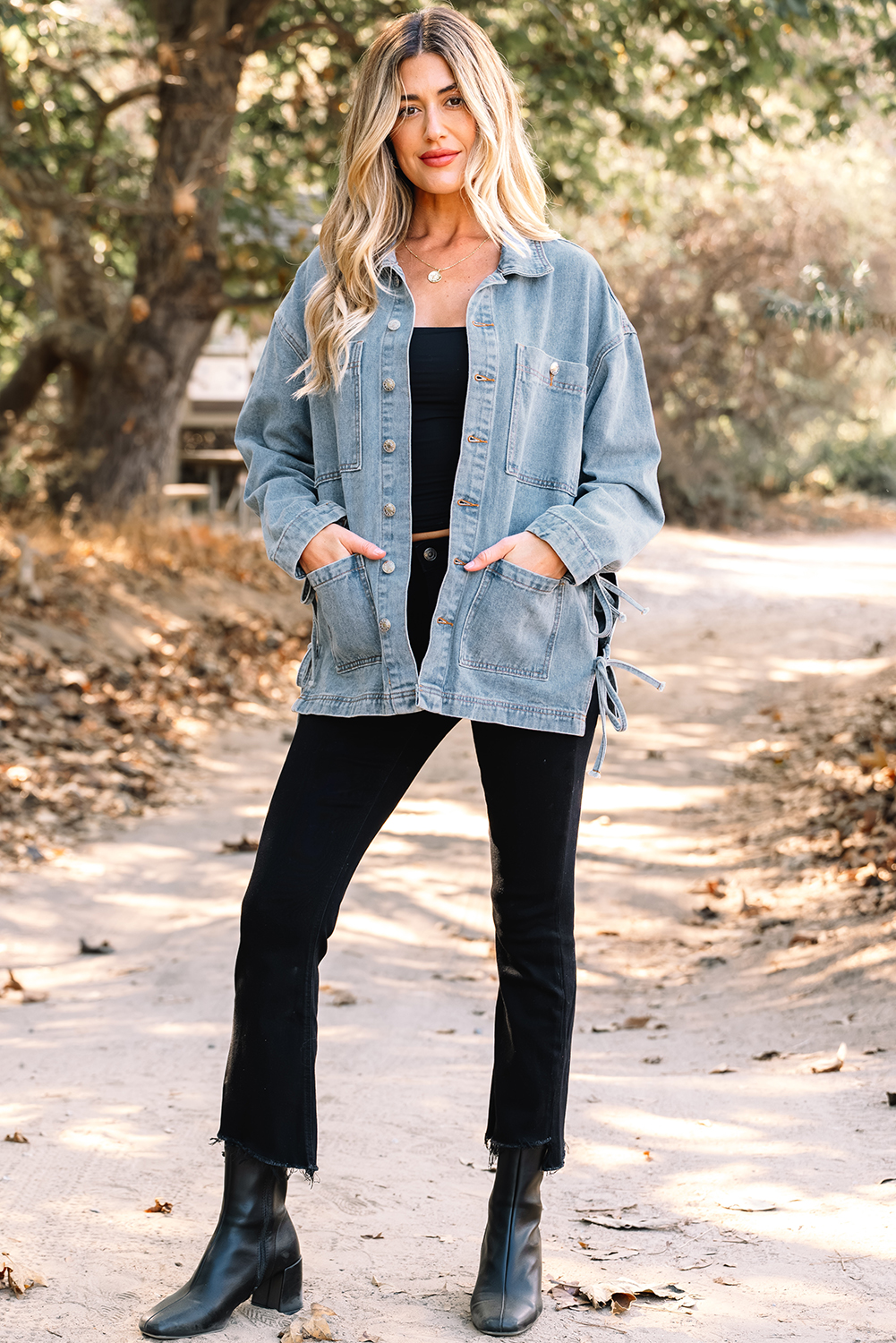 Beau Blue Multi Patched Pockets Side Tie up Boyfriend Style Denim Jacket - Image 6