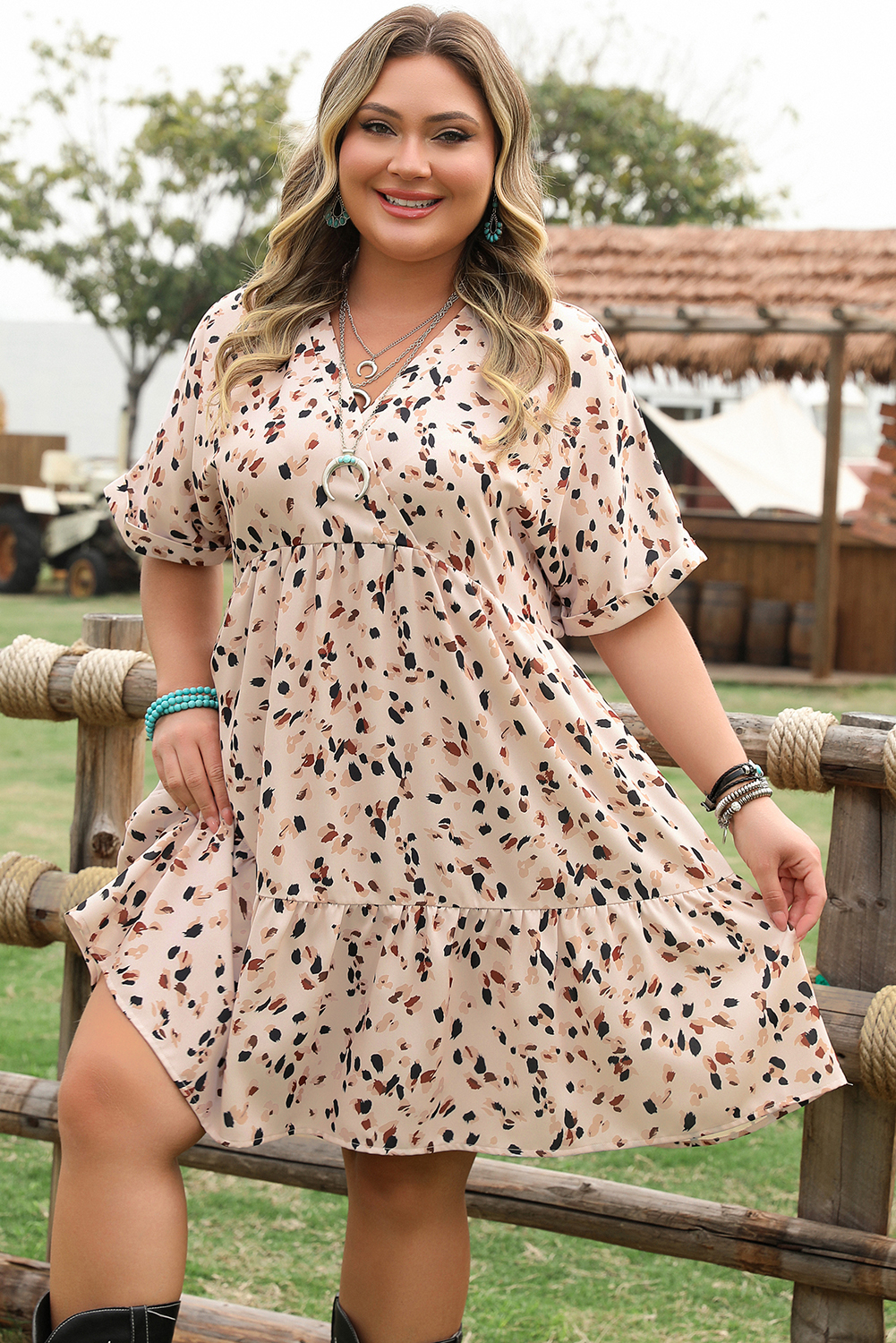 Beige Printed Surplice V Neck Cuffed Sleeve Empire Waist Plus Size Dress - Image 4