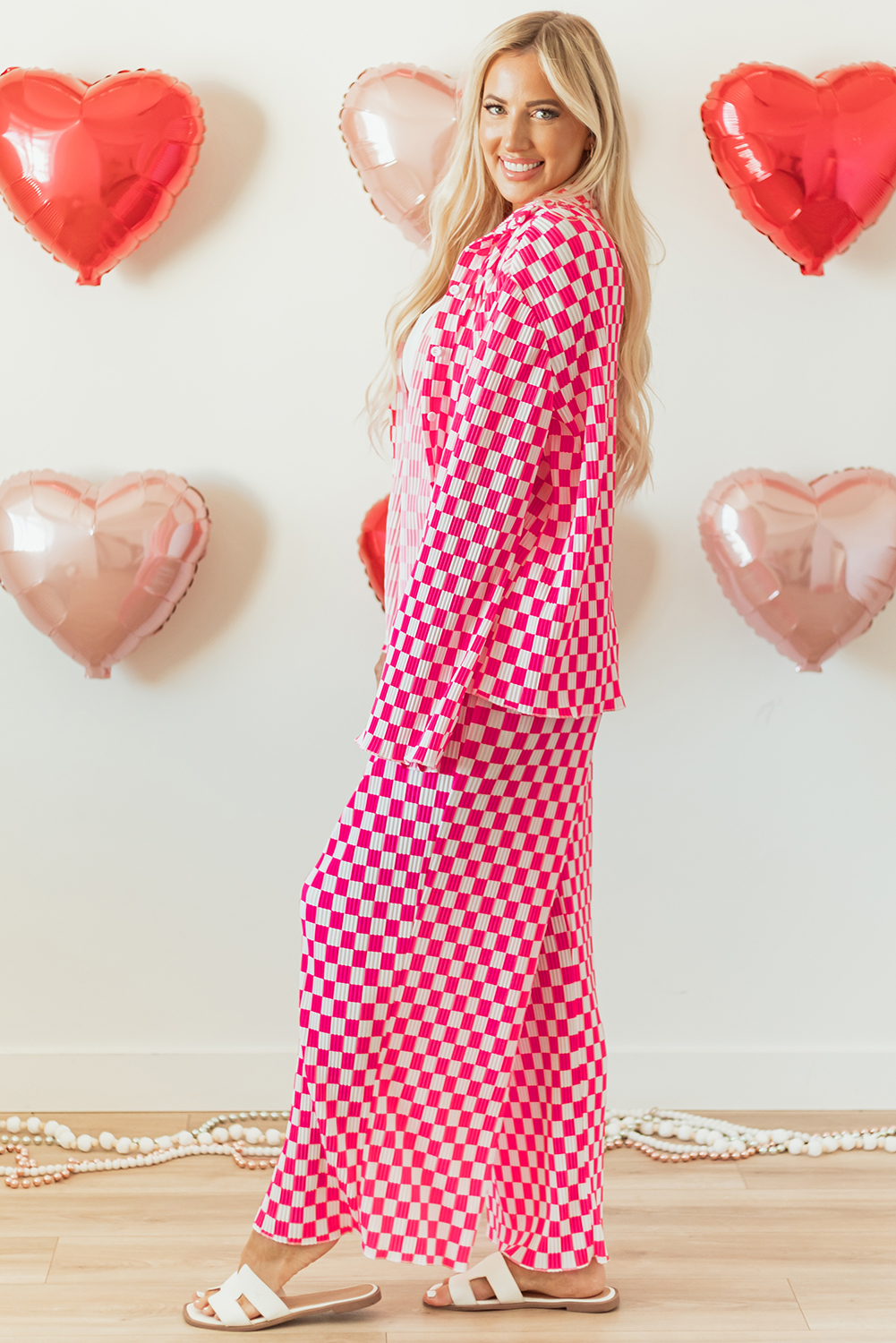 Pink Checkered Buttoned Shirt and High Waist Pants Pajama Set - Image 3