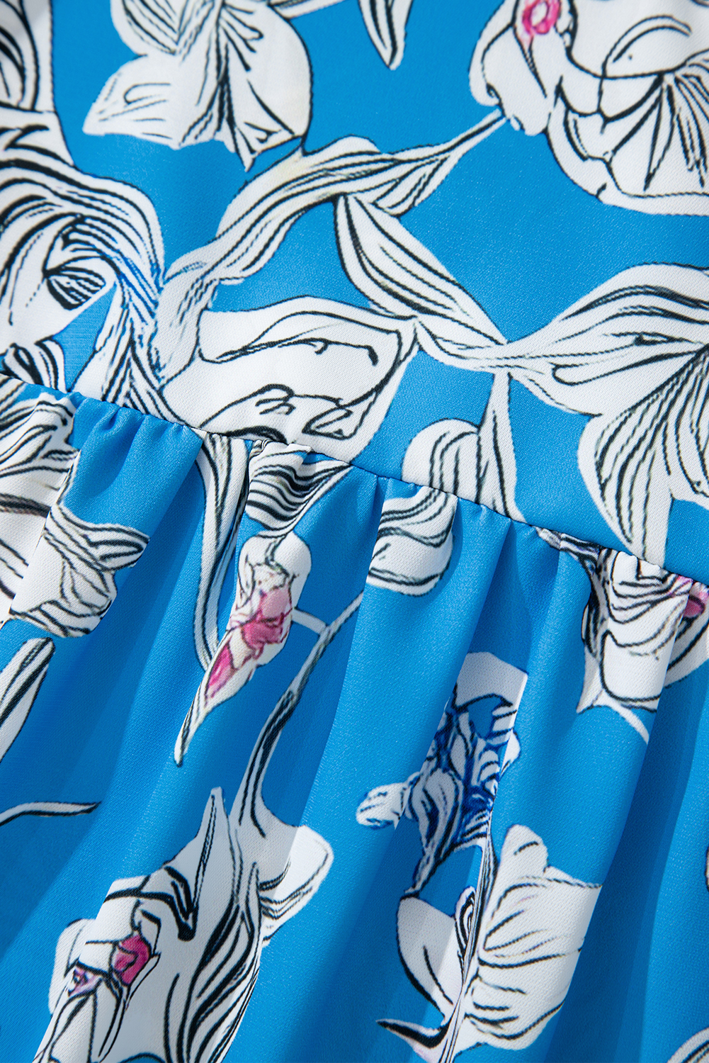 Sky Blue V Neck Floral Print 3/4 Puff Sleeve Blouse - Image 7