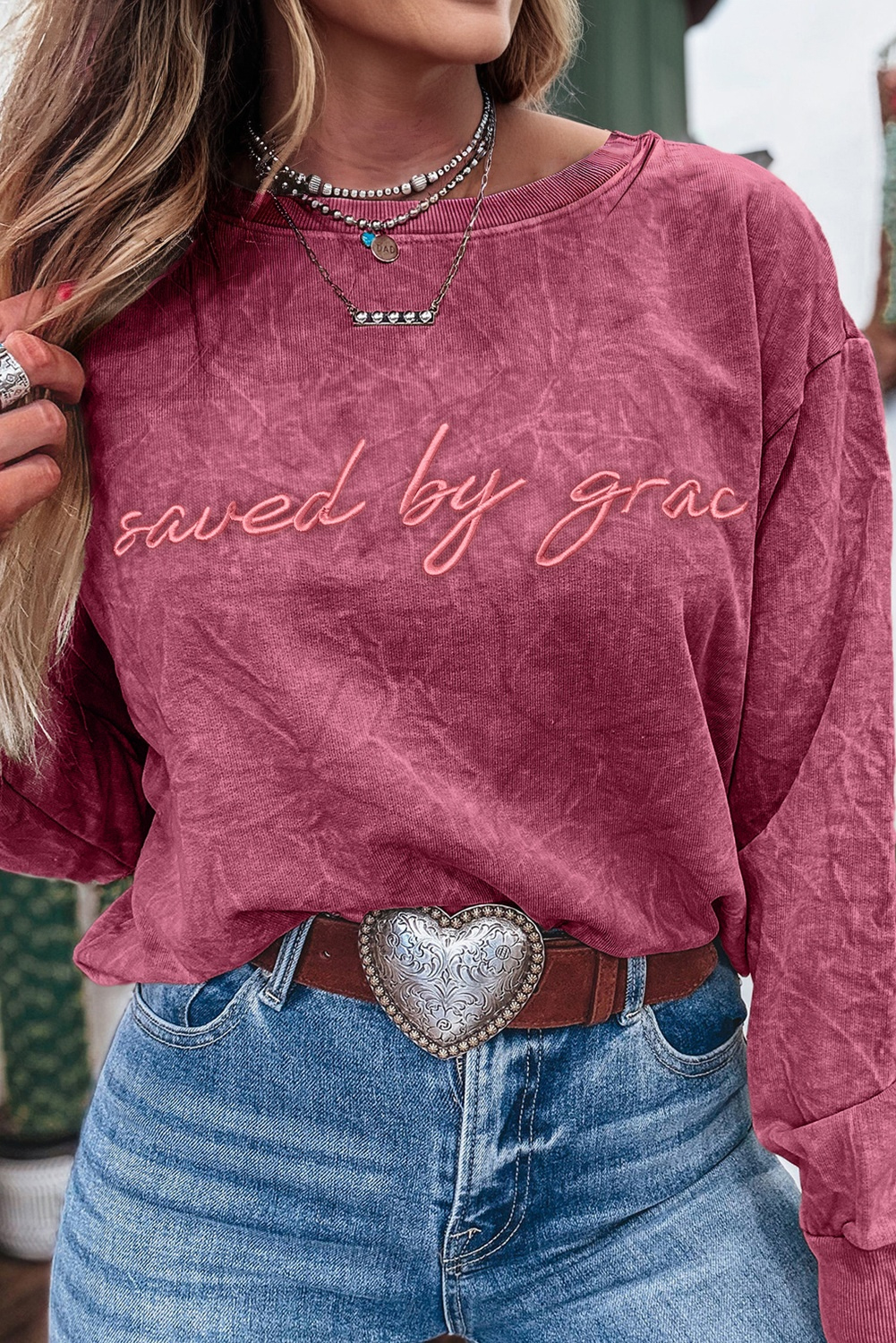 Mineral Red saved by grace Letter Embroidery Mineral Wash Loose Sweatshirt - Image 3