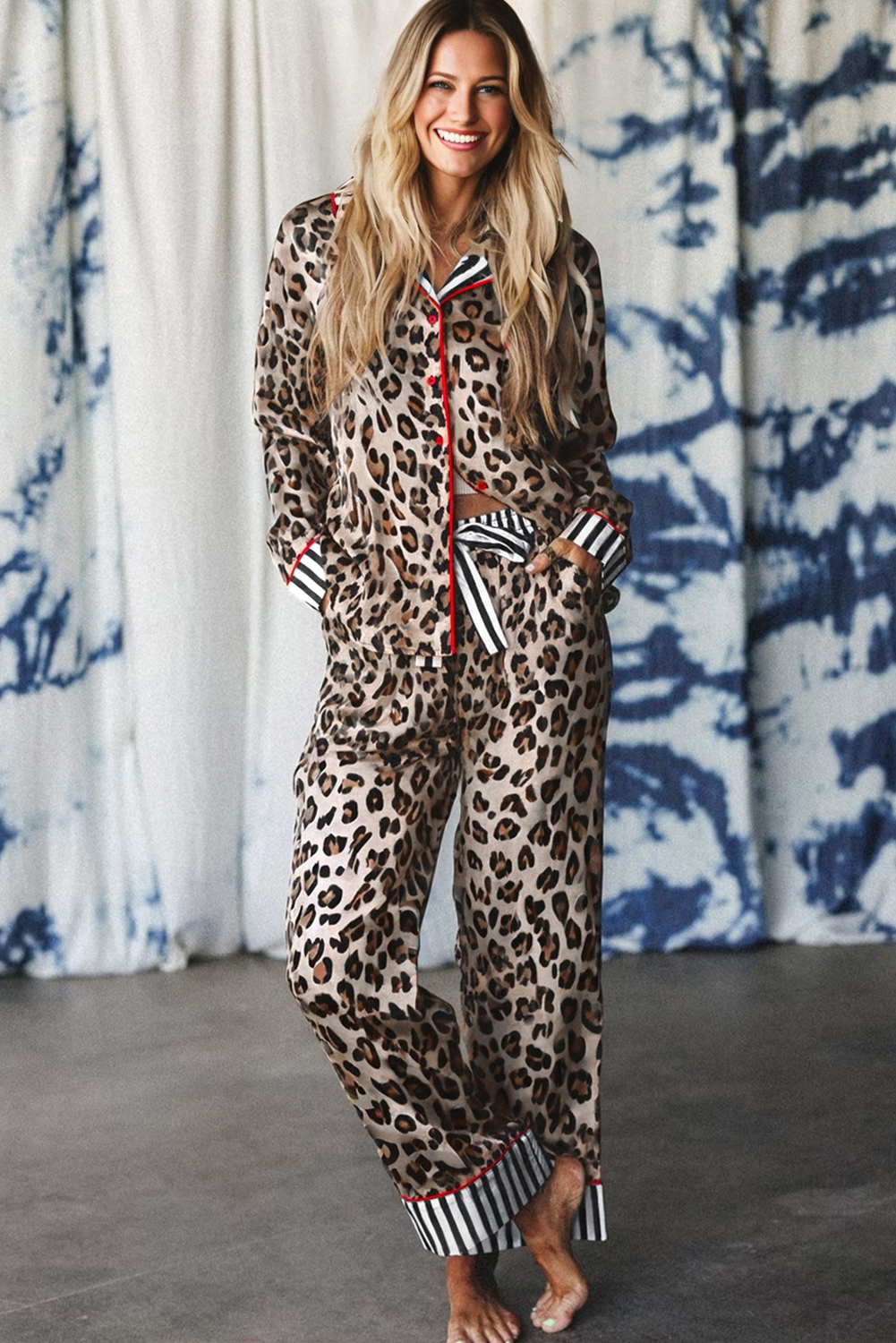Khaki Leopard Print Colorblock Striped Edge Shirt and Pants Pajama Set - Image 4