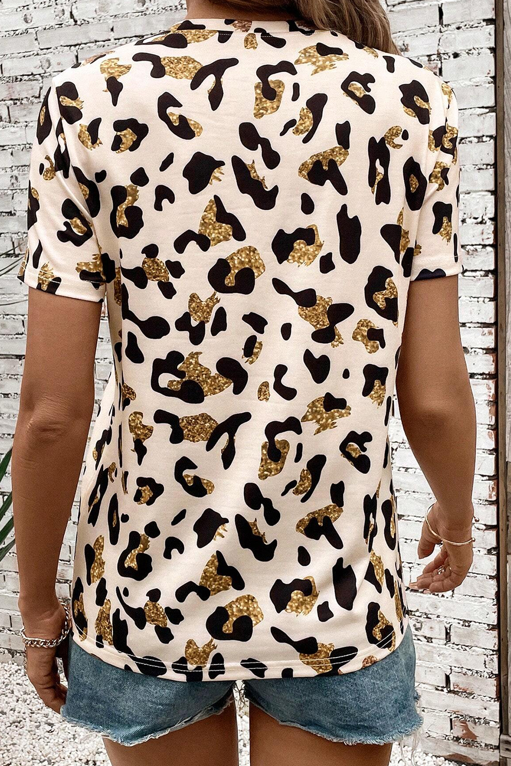 Apricot Leopard Print Round Neck Casual T Shirt - Image 2