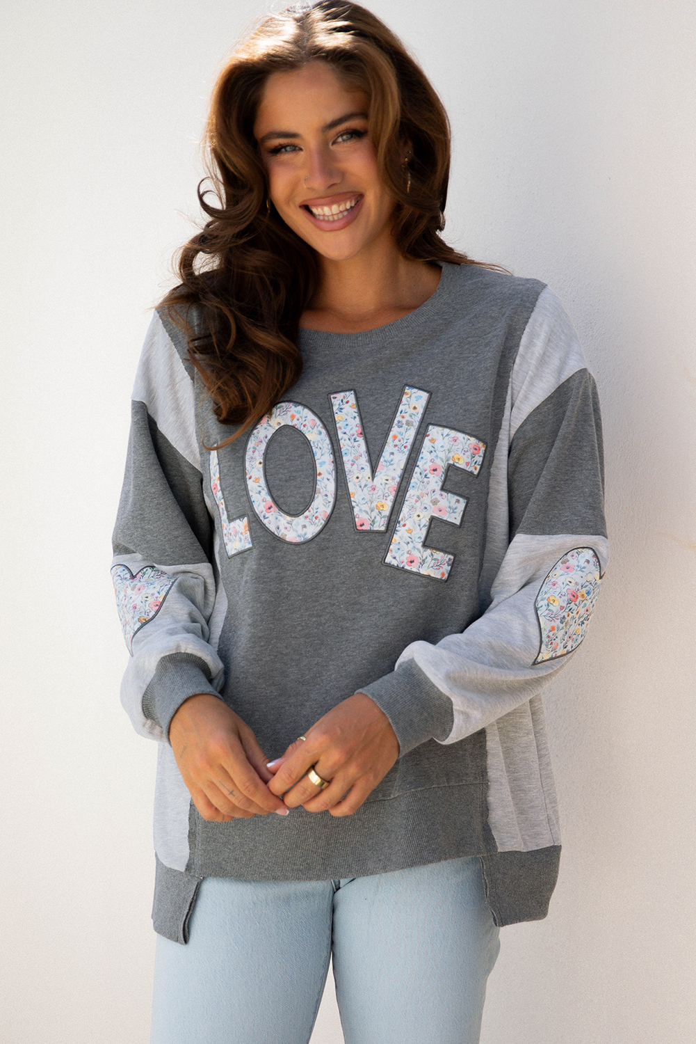 Dark Grey LOVE Graphic Exposed Seam Patchwork Uneven Hem Chic Sweatshirt - Image 7