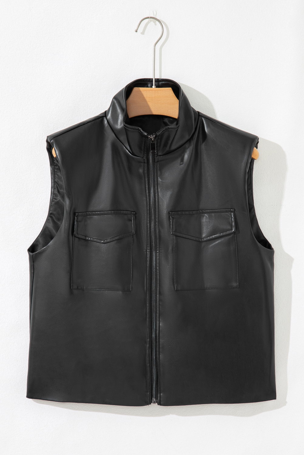 Black Double Flap Pocket Faux Leather Zip Up Stand Neck Vest - Image 3