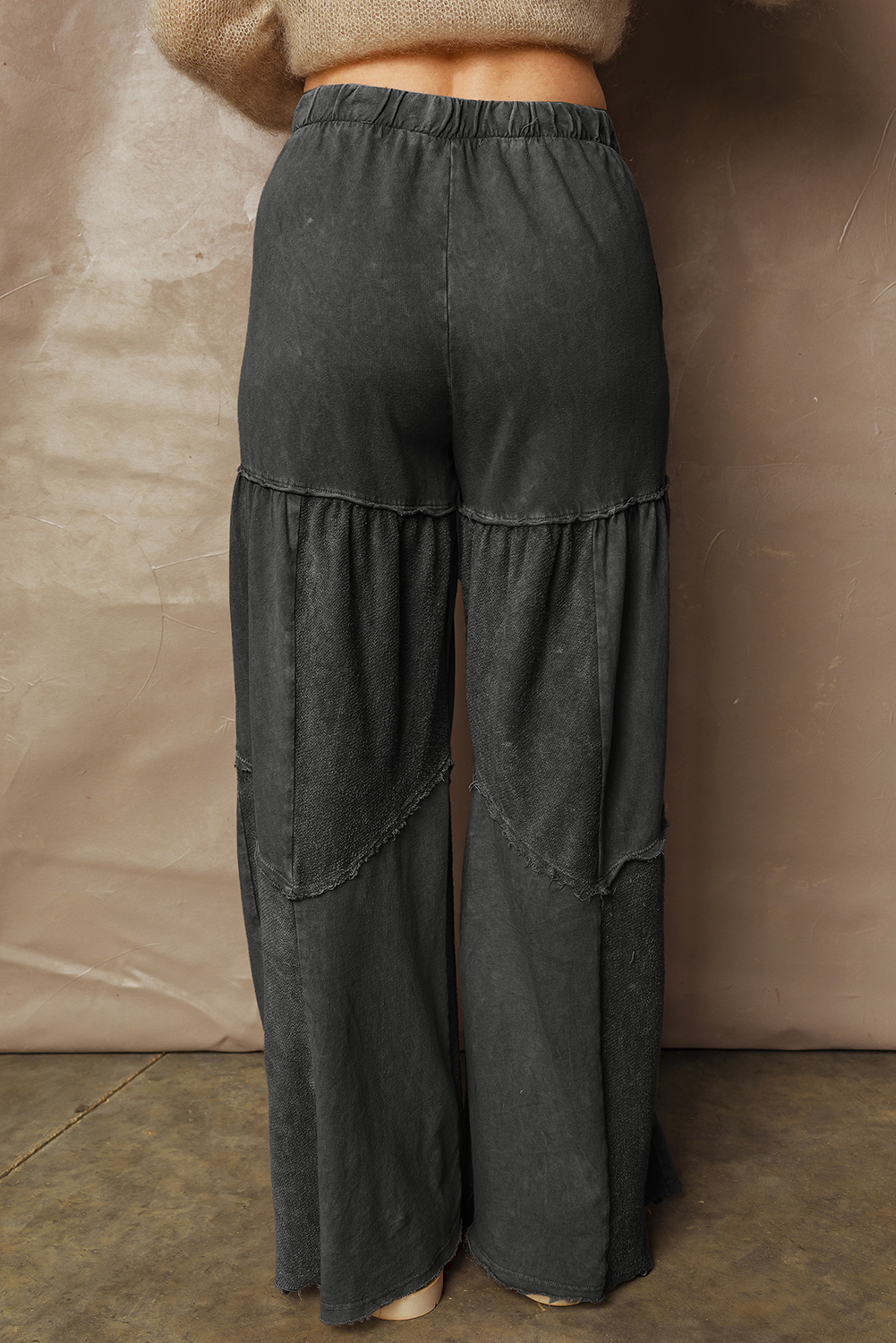 Black Mineral Wash Tiered Wide Leg Patchwork Drawstring Pants - Image 2
