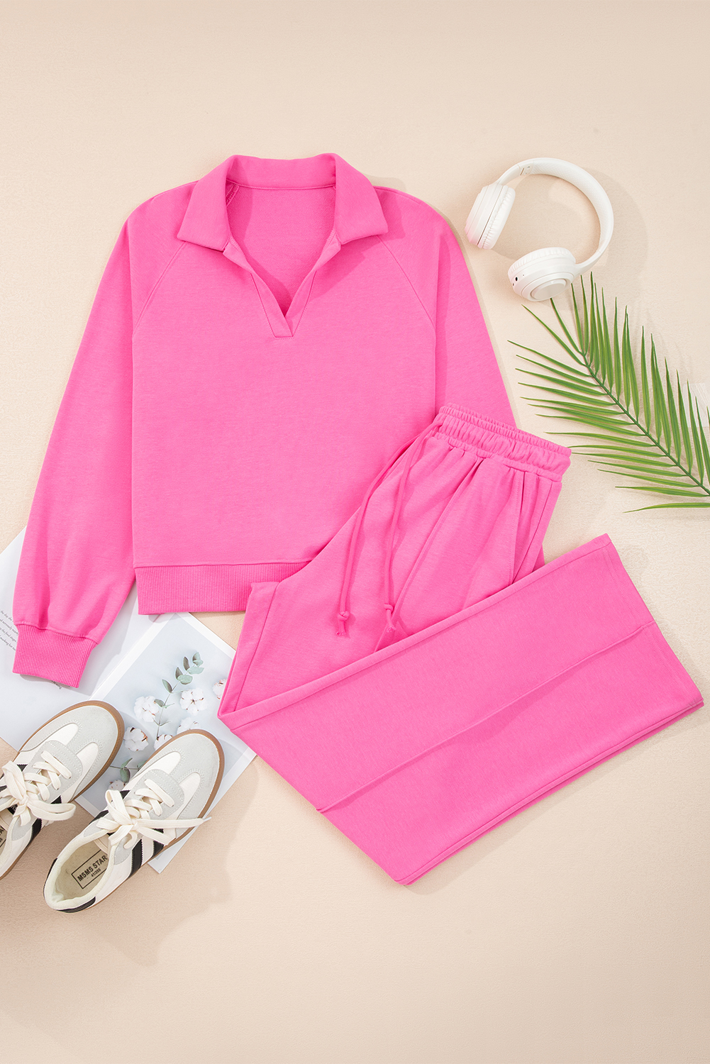 Sachet Pink Solid Color Collared Pullover and Central Seam Pants Set - Image 6