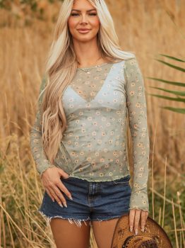Laurel Green Vintage Floral Print Southern Style Mesh Long Sleeve Top
