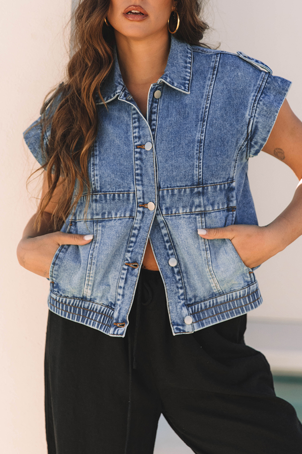 Ashleigh Blue Acid Wash Elastic Hem Button Up Denim Vest - Image 5