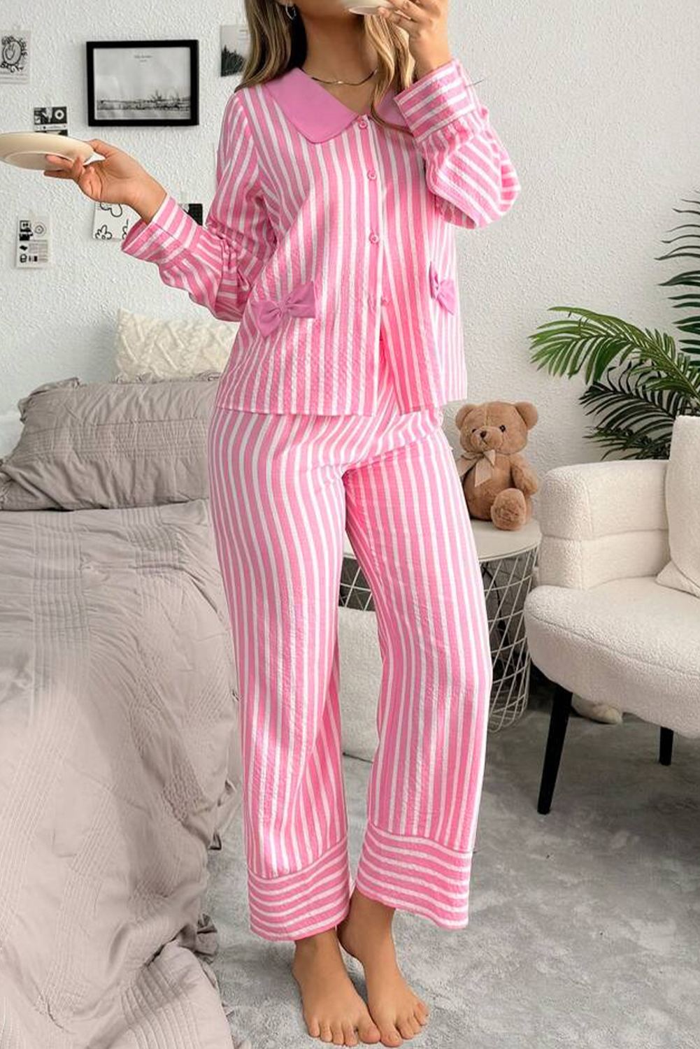 Pink Stripe Buttoned Front Long Sleeve Top and Pants 2 Piece Sleepwear - Image 3
