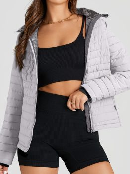 Silvery Solid Color Quilted Zip-up Puffer Jacket