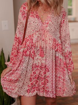 Pink Bohemian Floral Print Tassel Tie Long Sleeve Flowy Mini Dress