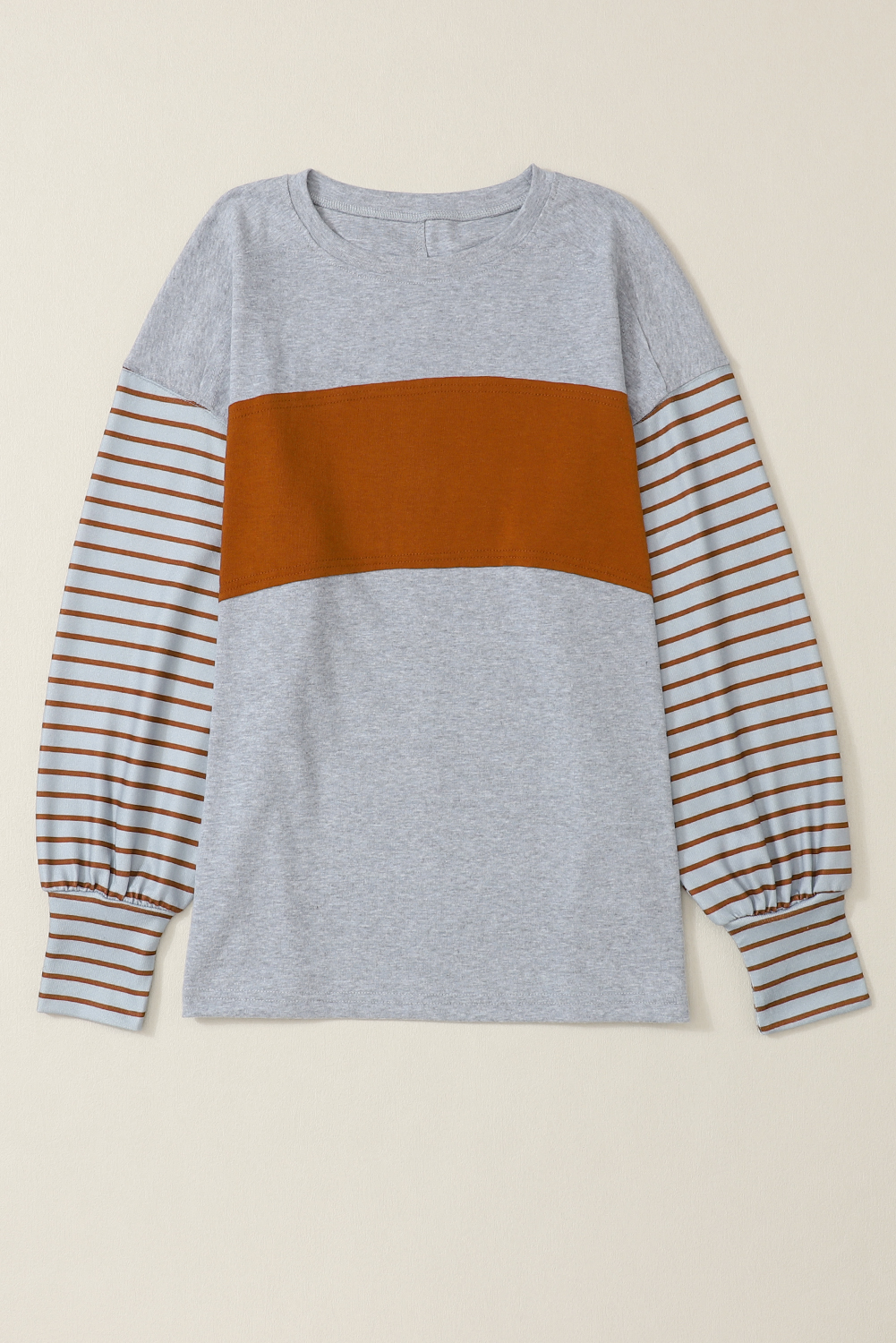 Gray Colorblock Striped Bishop Sleeve Top - Image 6